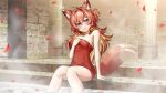  1girl 364ing01 absurdres animal_ear_fluff animal_ears blue_eyes breasts brick_wall collarbone hair_ornament highres indoors large_breasts legs mozumi_pichi naked_towel onsen orange_hair second-party_source sitting soaking_feet solo tail thighs towel v-dere virtual_youtuber wet wolf_ears wolf_girl wolf_tail 