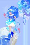  1girl :d animal_ears asymmetrical_legwear blue_eyes blue_gloves blue_hair blue_jacket blue_legwear blue_skirt cure_gelato gloves hair_intakes hand_on_hip highres jacket kirakira_precure_a_la_mode layered_skirt lion_ears lion_girl lion_tail long_hair looking_at_viewer magical_girl miniskirt open_mouth precure short_sleeves skirt smile solo strawberrylove2525 tail thighhighs very_long_hair white_skirt 