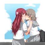  2girls blush closed_eyes collared_shirt grey_hair grey_sailor_collar grey_skirt hair_ornament hairclip kiss long_hair love_live! love_live!_sunshine!! miniskirt multiple_girls parted_lips pleated_skirt red_hair sailor_collar sailor_shirt sakurauchi_riko school_uniform shiny shiny_hair shirt short_hair short_sleeves skirt uranohoshi_school_uniform very_long_hair watanabe_you white_shirt yuchi_(salmon-1000) yuri 