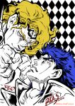  2boys argyle_background ascot blonde_hair blue_eyes blue_hair clenched_hands collar commentary_request crown dated fire_emblem fire_emblem:_genealogy_of_the_holy_war fire_emblem_cipher fire_emblem_fates highres ink jojo_no_kimyou_na_bouken looking_at_another multiple_boys official_art red_eyes signature sigurd_(fire_emblem) suzuki_rika twitter_username xander_(fire_emblem) 