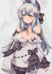  1girl alternate_costume animal_ears bare_shoulders black_bow bow breasts bunny_ears cleavage closed_mouth collarbone dress eyebrows_visible_through_hair girls_frontline green_eyes highres hk416_(girls_frontline) large_breasts long_hair looking_away off-shoulder_dress off_shoulder persocon93 silver_hair solo very_long_hair white_dress zoom_layer 