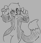  anthro canid claws fangs female fluffy fluffy_tail fur hair hijackerdraws_(artist) mammal monochrome multicolored_body multicolored_fur open_mouth open_smile simple_background smile solo two_tone_body two_tone_fur 