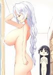  (o)_(o) 2girls ass bad_anatomy black_hair braid breast_envy breasts changing_room closed_eyes commentary covering covering_breasts deetamu expressionless flat_chest hand_in_hair highres houraisan_kaguya large_breasts long_hair multiple_girls nipples no_pussy nude silver_hair small_breasts touhou towel very_long_hair yagokoro_eirin 