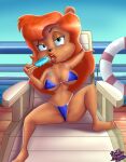 absurd_res anthro bear big_breasts bikini breasts clothing cruise_ship female female/female hair half-closed_eyes hi_res julie_bruin looking_at_viewer mammal merchant_ship narrowed_eyes passenger_ship popscicle red_hair seductive ship short_stack sitting solo spread_legs spreading swimwear the_calm_shock tiny_toon_adventures two-piece_swimsuit vehicle warner_brothers watercraft wet