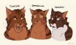  atta_catto blue_eyes bramblestar_(warriors) brown_body brown_eyes brown_fur digital_media_(artwork) domestic_cat father father_and_child father_and_son felid feline felis feral fur group hawkfrost_(warriors) headshot_portrait licking licking_lips looking_at_viewer looking_away male mammal notched_ear open_mouth parent parent_and_child portrait simple_background son stripes teeth tigerstar_(warriors) tongue tongue_out warriors_(cats) white_background white_body 