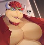  1boy alvedo_vhiich bara bowser chest close-up come_hither english_text facial_hair furry glasses highres horns male_focus manly mario_(series) muscle nipples pectorals red_hair short_hair smile solo teeth undressing upper_body 