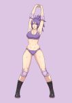  1girl absurdres arms_up bangs black_footwear boots bra breasts character_request cirenk cleavage commission copyright_request full_body highres large_breasts panties purple_background purple_bra purple_eyes purple_hair purple_panties short_hair simple_background solo sports_bra swept_bangs thick_thighs thighs underwear 