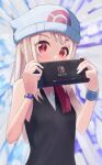  1girl bangs beanie black_shirt blush breasts cosplay dawn_(pokemon) dawn_(pokemon)_(cosplay) fate/kaleid_liner_prisma_illya fate_(series) hair_between_eyes handheld_game_console hat holding holding_handheld_game_console illyasviel_von_einzbern long_hair looking_at_viewer nintendo_switch pan_korokorosuke pokemon pokemon_(game) pokemon_dppt red_eyes shirt sidelocks sleeveless sleeveless_shirt small_breasts white_hair white_headwear 