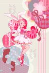  1girl :d animal_ears bow bowtie bunny_ears cake_hair_ornament cure_whip floating_hair food_themed_hair_ornament full_body gloves hair_ornament highres kirakira_precure_a_la_mode long_hair miniskirt open_mouth pink_hair precure red_bow red_eyes red_neckwear short_sleeves skirt smile solo standing strawberrylove2525 very_long_hair white_gloves white_skirt white_sleeves 