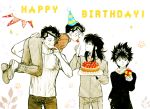  blush cake candle carrying_over_shoulder closed_eyes cowboy_shot feeding food fruit gift happy_birthday headband hiei_(yuu_yuu_hakusho) holding holding_gift jungyun99 kurama kuwabara_kazuma long_hair male_focus multiple_boys pompadour sepia short_hair smile spiked_hair strawberry tongue urameshi_yuusuke yuu_yuu_hakusho 