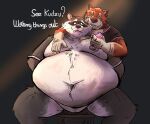 5_fingers anthro asking black_body black_clothing black_fur black_shirt black_topwear bound chair clothing deep_navel dessert dialogue doughnut duo echo_(game) echo_(series) echo_project facial_markings facial_tuft fatpad feeder feederism fingers food forced fur furniture grey_body grey_fur hand_on_moob hand_on_nipple head_markings head_tuft hi_res holding_food holding_object junk_food kudzu_tengwan leg_tuft leo_alvarez longleynus looking_at_another male male/male markings mask_(marking) moobs multicolored_body multicolored_fur navel nipples obese obese_anthro obese_male overweight overweight_anthro overweight_male pastry pink_nipples question_mark red_body red_fur shirt shirtless shirtless_anthro shirtless_male spotlight_beam text thick_thighs thigh_tuft topwear tuft weight_gain whiskers white_sclera white_text yellow_sclera