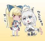  2girls ahoge animal_ears bangs black_shorts blank_eyes blonde_hair blue_eyes blue_neckwear blush bow braid breasts brown_gloves cleavage commentary_request crossed_arms eyebrows_visible_through_hair fingerless_gloves fox_ears fox_girl fox_tail gloves gradient gradient_background hair_between_eyes hair_bow hololive jim_tarou long_hair looking_at_viewer medium_breasts multiple_girls neckerchief open_mouth orange_hair pointy_ears ponytail red_eyes shirakami_fubuki shiranui_flare shirt short_shorts shorts sidelocks single_braid single_thighhigh smile sweatdrop tail thigh_strap thighhighs translation_request v-shaped_eyebrows virtual_youtuber white_hair white_shirt 