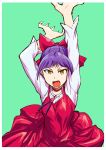  1girl bow breasts choker dress gegege_no_kitarou hair_bow highres looking_at_viewer nekomusume nekomusume_(gegege_no_kitarou_6) open_mouth pointy_ears purple_hair red_bow red_choker red_dress short_hair simple_background solo ueyama_michirou yellow_eyes 