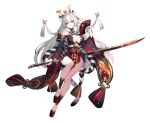 1girl absurdres aged_up animal_ears armor bare_legs blunt_bangs breasts bug butterfly cat_ears cat_girl cat_tail cleavage detached_sleeves eversoul floating full_body game_cg grin hair_ornament hand_fan highres holding holding_fan holding_sword holding_weapon incredibly_absurdres japanese_armor japanese_clothes jewelry kusazuri large_breasts leg_up long_hair long_sleeves looking_at_viewer looking_down mole mole_under_eye obi official_alternate_costume official_art ootachi paper_fan pelvic_curtain platform_footwear purple_eyes red_footwear rope sakuyo_(eversoul) sakuyo_(inferno)_(eversoul) samurai sash shimenawa shoulder_armor single_shin_guard single_sode smile sode solo sword sword_behind_back tachi-e tail transparent_background weapon white_hair wide_sleeves 