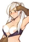  1girl absurdres blush breasts breath fire_emblem fire_emblem_awakening gloves highres long_hair nipples o-ring o-ring_top robin_(fire_emblem) robin_(fire_emblem)_(female) simple_background solo sweat tan tanline tridisart twintails white_background white_hair 