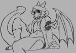  anthro breasts claws clothed clothing dragon female hair hijackerdraws_(artist) horn monochrome partially_clothed simple_background sitting smile solo stiches wings 