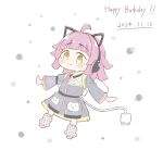  1girl ahoge ameno_ryuu blunt_bangs blunt_ends blush closed_mouth coat collared_jumpsuit commentary_request dated deformed grey_coat grey_jumpsuit happy_birthday highres jumpsuit kishimen_hair long_sleeves looking_at_viewer love_live! love_live!_nijigasaki_high_school_idol_club mechanical_tail medium_hair official_alternate_costume pink_hair smile solo split_mouth tail tennoji_rina tsunagaru_connect_(love_live!) white_background yellow_eyes 