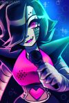  1boy artist_name bangs black_hair blue_background commentary english_commentary fangs hair_over_one_eye hand_up happy heart highres holding looking_at_viewer male_focus mettaton mettaton_ex microphone open_mouth pink_eyes robot shiny shiny_hair short_hair smile solo spacecolonie sparkle teeth undertale upper_body watermark 