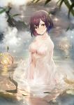  1girl bangs breasts brown_hair collarbone hair_ornament highres japanese_clothes looking_at_viewer medium_breasts navel onsen open_clothes original partially_submerged rock short_hair smile solo teddy_(khanshin) water wet yellow_eyes 