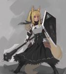 2020 animal_humanoid arknights armor blonde_hair clothing dress equid equid_humanoid female hair headphones humanoid mammal mammal_humanoid melee_weapon nearl_(arknights) paintrfiend shield simple_background solo standing weapon 
