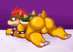  2020 3_toes anthro armband backsack balls beige_scales big_butt black_armband black_bracelet bowser bracelet bubble_butt butt claws genitals grabbing_sheets gradient_background green_body green_scales hair hi_res jewelry koopa looking_back male mario_bros nintendo nude overbite purple_background raised_tail red_eyes red_hair scales scalie sharp_teeth shell simple_background solo spiked_armband spiked_bracelet spikes spikes_(anatomy) teeth toe_claws toes ultilix video_games white_claws yellow_balls yellow_body yellow_scales 