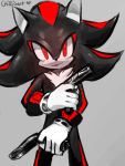  1boy animal_ears artist_name black_hair blush commentary dual_wielding english_commentary furry gloves grey_background gun hand_up handgun heart holding holding_gun holding_weapon light_blush looking_at_viewer male_focus monochrome multicolored_hair red_eyes red_hair shadow_the_hedgehog signature simple_background sketch solo sonic_the_hedgehog spacecolonie standing two-tone_hair weapon white_gloves 