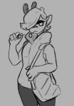  anthro bag clothed clothing female flat_chested hair hijackerdraws_(artist) monochrome open_mouth simple_background solo 