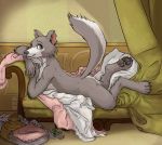  2020 anthro beastars butt canid canine canis female francois_boucher fur grey_body grey_fur hi_res inside inspired_by_proper_art juno_(beastars) krsnichka looking_at_viewer lying mammal nude on_front parody pawpads pinup pose side_view solo the_blonde_odalisque wolf 