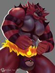  2020 3:4 5_fingers anthro big_muscles black_body black_fur bulge claws clothed clothing fingers flexing fur green_eyes grey_body grey_fur hi_res humanoid_hands incineroar looking_at_viewer male muscular muscular_anthro muscular_male nintendo pok&eacute;mon pok&eacute;mon_(species) red_body red_fur red_nose shan_yao_jun simple_background solo striped_body striped_fur stripes topless underwear veiny_muscles video_games white_claws yellow_sclera 