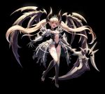  1girl absurdres armor black_background blonde_hair breasts cleavage commentary demon_girl demon_horns demon_wings english_text full_body hair_between_eyes high_heels highres holding holding_scythe horns jangminho kneehighs long_hair medium_breasts navel open_mouth original pointy_ears red_eyes scythe simple_background solo succubus teeth tongue twintails wings 
