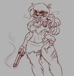  anthro blood blush bodily_fluids breasts clenched_teeth clothed clothing cum cum_in_pussy cum_inside female fluffy fluffy_tail fur genital_fluids gun hair hijackerdraws_(artist) holding_object holding_weapon lagomorph leporid mammal open_mouth partially_clothed rabbit ranged_weapon scar simple_background solo teeth weapon 