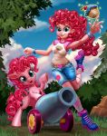  blue_eyes boots bottomwear bracelet cannon clothing cupcake cutie_mark dessert duo earth_pony equestria_girls equid equine food footwear friendship_is_magic hair harwick hasbro hi_res horse human jewelry long_hair magic mammal my_little_pony open_mouth open_smile outside party_cannon pink_hair pinkie_pie_(eg) pinkie_pie_(mlp) pony ranged_weapon shirt shorts smile square_crossover topwear underhoof weapon 