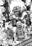  1980s_(style) absurdres after_battle armored_trooper assault_rifle commentary_request debris destruction gun highres kaji-shian machinery mecha mecha_focus radio_antenna retro_artstyle rifle robot ruins scan science_fiction scopedog soukou_kihei_votoms traditional_media weapon 