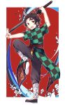  1boy :d absurdres adapted_costume black_footwear black_pants border brown_hair checkered chinese_clothes earrings facial_scar forehead_scar from_side highres holding holding_sword holding_weapon jewelry kamado_tanjirou katana kimetsu_no_yaiba leg_lift looking_at_viewer makura_(makura0128) male_focus open_mouth outstretched_hand pants pose red_background salute scar smile solo standing standing_on_one_leg sword two-finger_salute weapon white_border 