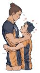  2boys arms_around_neck arms_around_waist azumane_asahi black_hair blush brown_hair closed_mouth collared_shirt commentary couple cropped_legs english_commentary eye_contact flying_sweatdrops grin haikyuu!! hair_bun highres karasuno_volleyball_uniform looking_at_another male_focus multicolored_clothes multicolored_hair multicolored_shirt multiple_boys nishinoya_yuu shirt short_sleeves shorts simple_background single_hair_bun small_sweatdrop smile sportswear streaked_hair sweat teeth twitter_username volleyball_uniform white_background wing_collar yaoi yauoiyi 