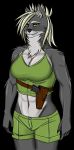  anthro breasts canid canine canis claws clothed clothing fangs female fur grey_body grey_fur gun hair hi_res mammal multicolored_body multicolored_fur muscular muscular_anthro muscular_female partially_clothed ranged_weapon simple_background smile solo two_tone_body two_tone_fur weapon white_body white_fur wolf yellow_eyes zi0808 