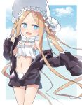  1girl abigail_williams_(fate/grand_order) abigail_williams_(swimsuit_foreigner)_(fate) bikini black_jacket blonde_hair blue_eyes blush bonnet bow chin_strap cloud commentary_request fate/grand_order fate_(series) hair_rings jacket long_hair looking_at_viewer navel no_bangs off_shoulder open_clothes open_jacket open_mouth ribbon sidelocks sleeves_past_fingers sleeves_past_wrists smile solo strapless strapless_bikini swimsuit toto_nemigi twintails very_long_hair white_bikini white_bow white_headwear white_ribbon 