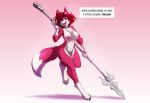  2020 anthro black_nose blush breasts canid canine chest_tuft countershading dialogue dipstick_tail english_text female fox fur hair holding_object holding_spear holding_weapon mammal melee_weapon multicolored_tail navel nipples nude on_one_leg pawpads pink_body pink_fur polearm red_eyes red_hair regys_(carp) simple_background smile solo spear standing text tuft watsup weapon white_countershading 