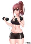  1girl :o artist_logo bangs bare_shoulders black_shorts black_sports_bra blush breasts brown_eyes brown_hair collarbone commentary_request cowboy_shot dumbbell eyebrows_visible_through_hair flying_sweatdrops groin hair_between_eyes holding long_hair looking_to_the_side masamune_oekaki medium_breasts midriff motion_lines navel open_mouth original ponytail short_sleeves shorts sidelocks simple_background solo sports_bra standing sweat toned twitter_username white_background 
