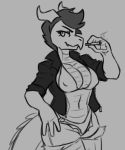  anthro breasts cigarette clothed clothing dragon fangs female hair hijackerdraws_(artist) horn monochrome partially_clothed simple_background smile solo 
