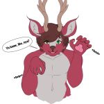  1:1 anthro antlers brown_hair cervid cervine claws dialogue girly green_eyes hair hi_res honey_(stagshack) horn looking_at_viewer male mammal pawpads paws solo stagshack text 