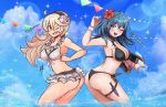  2girls bikini black_bikini black_hairband blue_eyes blue_hair blue_sky breasts byleth_(fire_emblem) byleth_(fire_emblem)_(female) cleavage cloud corrin_(fire_emblem) corrin_(fire_emblem)_(female) dagger day fang fire_emblem fire_emblem:_three_houses fire_emblem_fates fire_emblem_heroes flower from_side hair_flower hair_ornament hairband highres long_hair looking_to_the_side multiple_girls one_eye_closed open_mouth patdarux raydango red_eyes sheath sheathed sky swimsuit thigh_strap twitter_username wading water weapon white_hair wreath 