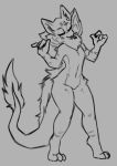  anthro claws eyes_closed female flat_chested fur hijackerdraws_(artist) hybrid monochrome navel nude simple_background smile solo tongue tongue_out unknown_species 