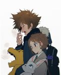  1boy 1girl :3 agumon backpack bag blue_eyes blue_scarf blush breath brother_and_sister brown_hair closed_eyes closed_mouth coat cold commentary digimon digimon_adventure_02 english_commentary from_side fur-trimmed_coat fur_trim glint green_coat grey_coat hair_ornament highres looking_up maro_(lij512) nose_blush open_mouth purple_eyes scarf sharp_teeth short_hair shoulder_bag siblings simple_background smile spiked_hair sweater tailmon teeth turtleneck turtleneck_sweater twitter_username upper_body white_background white_sweater yagami_hikari yagami_taichi 