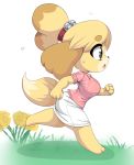  2020 absurd_res animal_crossing anthro blonde_hair bodily_fluids bottomwear canid canine canis clothed clothing dipstick_tail domestic_dog female flower grass hair hi_res isabelle_(animal_crossing) mammal multicolored_tail nintendo open_mouth plant running shih_tzu shirt simmsyboy skirt solo sweat sweatdrop topwear toy_dog video_games 