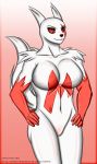  anthro breasts female fluffy fluffy_tail fur hi_res multicolored_body multicolored_fur nintendo pok&eacute;mon pok&eacute;mon_(species) red_body red_eyes red_fur simple_background solo two_tone_body two_tone_fur video_games white_body white_fur zangoose zi0808 