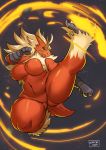  2020 absurd_res action_pose anthro avian big_breasts bird blaziken breasts butt_from_the_front claws featureless_breasts female fire hair hi_res kick navel nintendo non-mammal_breasts nude ocaritna open_mouth pok&eacute;mon pok&eacute;mon_(species) pose signature solo thick_thighs toe_claws video_games 