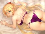  1girl ass backboob bare_shoulders blonde_hair blush bra braid breasts breath dutch_angle green_eyes highres large_breasts long_hair looking_back nose_blush one_side_up original panties parted_lips pointy_ears purple_bra purple_panties sasagawa_(haikaiki) shoulder_blades side_braid sidelocks solo strapless strapless_bra sweat top-down_bottom-up underwear underwear_only very_long_hair 