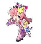  1girl armor bikini breasts chibi commentary_request full_body gloves gundam gundam_seed gundam_seed_destiny hair_ornament highres long_hair looking_at_viewer mecha mecha_musume meer_campbell open_mouth pink_hair robot sari_(curry0124) simple_background smile solo star_(symbol) star_hair_ornament swimsuit thighhighs zaku_warrior zaku_warrior_concert_custom 