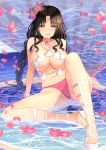  1girl arm_support bangs bare_shoulders bikini black_hair blue_sky blush bracelet braid breasts chest_tattoo cloud collarbone commentary_request day eyebrows_visible_through_hair facial_mark fate/grand_order fate_(series) flower flower_on_liquid forehead_mark full_body hair_flower hair_ornament highres jewelry knee_up large_breasts long_hair looking_at_viewer midriff mismatched_bikini multicolored_hair navel necklace ocean parted_bangs parted_lips pearl_bracelet pearl_necklace petals pink_bikini pink_hair pink_sarong sandals seashell seashell_necklace sesshouin_kiara sesshouin_kiara_(swimsuit_mooncancer)_(fate) shell sidelocks sitting skindentation sky smile solo sparkle streaked_hair swimsuit takurowo tattoo twin_braids underboob very_long_hair wavy_hair wet white_bikini yellow_eyes 